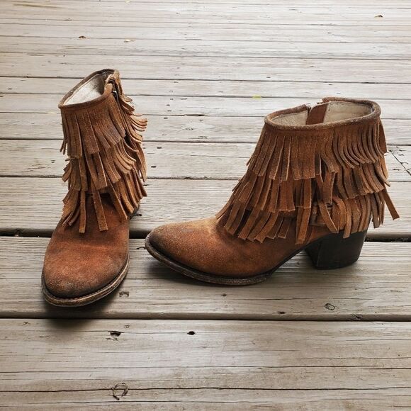 Freebird by Steven Distressed Whiskey Brown Suede Leather Fringe Buckle Booties - Picture 2 of 9
